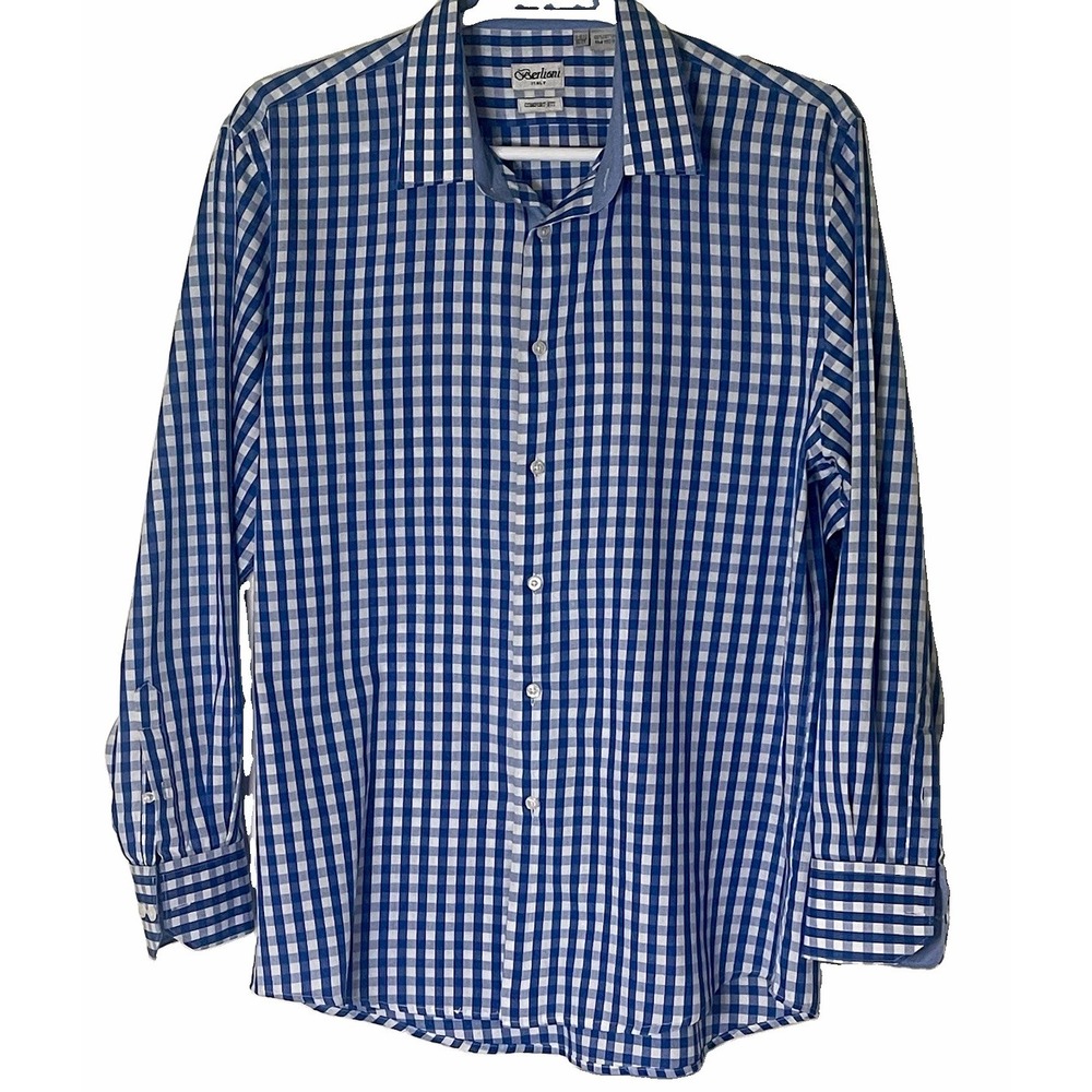 Berlioni Italy Mens 18-18.5 36-37 Blue White Check Dress Shirt Convertible Cuff